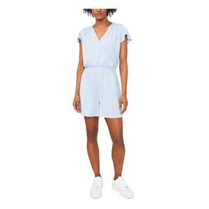 RILEY&RAE Womens Light Blue Stretch Flutter Sleeve Surplice Neckline Romper XS
